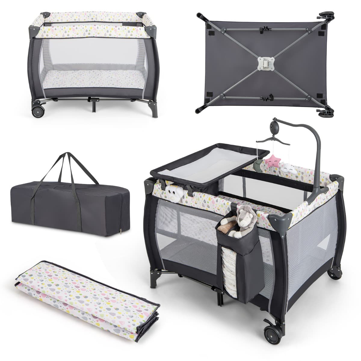 Costway3 en 1 Lit Parapluie Bébé avec Matelas & Table à Langer Lit Bébé Evolutif avec Boîte à Musique & 3 Jouets Suspendus Charge 15kg pour 0-3 Ans