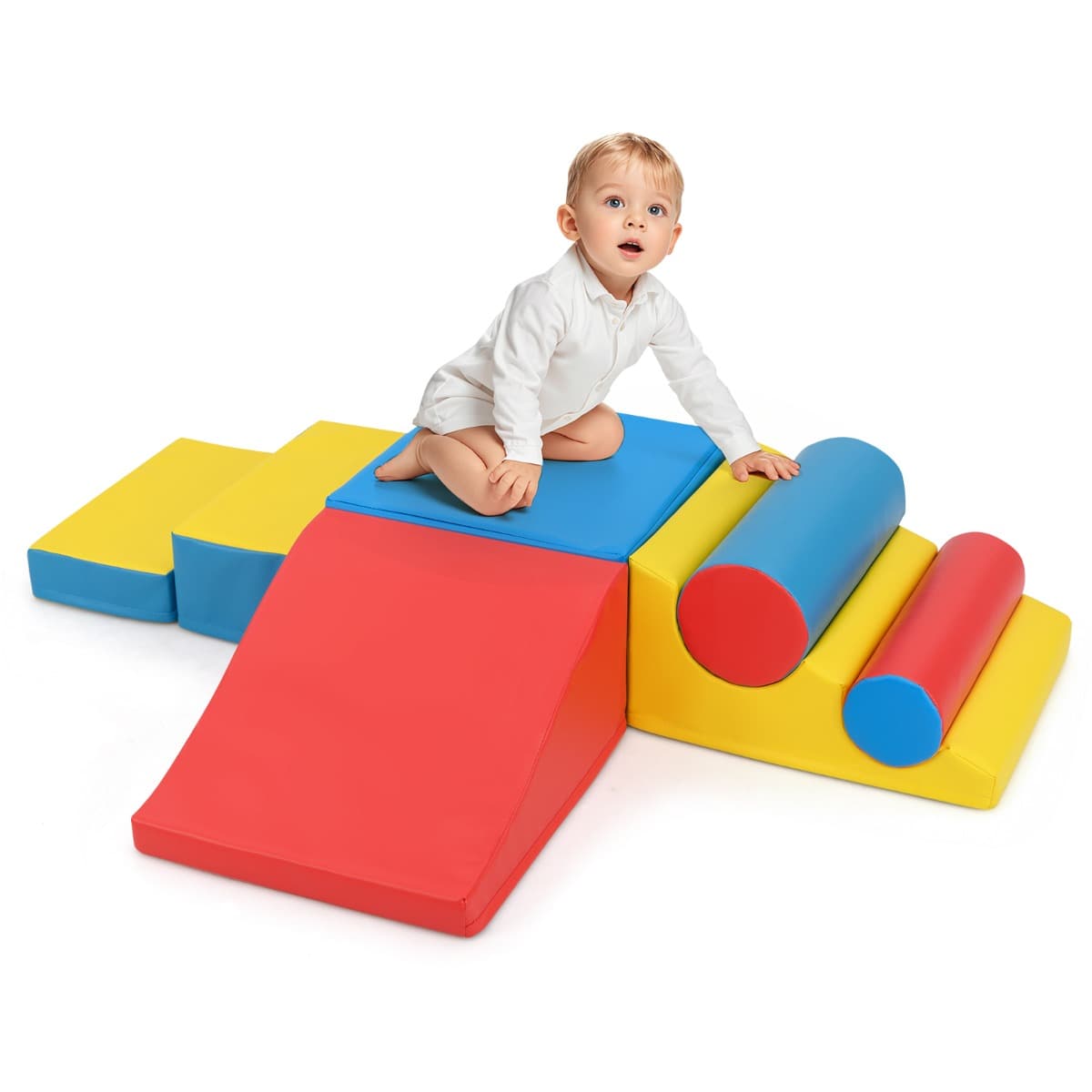 CostwayBlocs d'Escalade en Mousse pour Tout-petits Ensemble de 7 Jouets en Peluche avec Attaches Velcro pour Ramper
