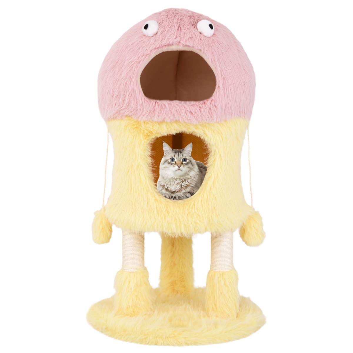 CostwayArbre à Chat Originale avec Design de Petit Monstre avec 2 Condos Peluche Douce Griffoir en Sisal Jouets Suspendus Jaune