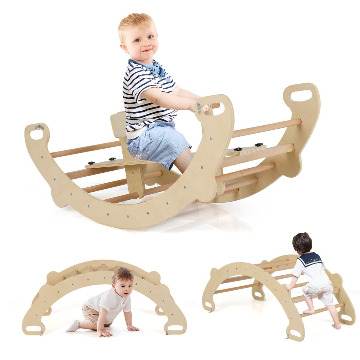 CostwayArche d’Escalade et Cheval à Bascule Jouets d'Escalade en Bois 4 en 1 pour 1-5 Ans Ensemble de Jeu Montessori d'Intérieur Naturel