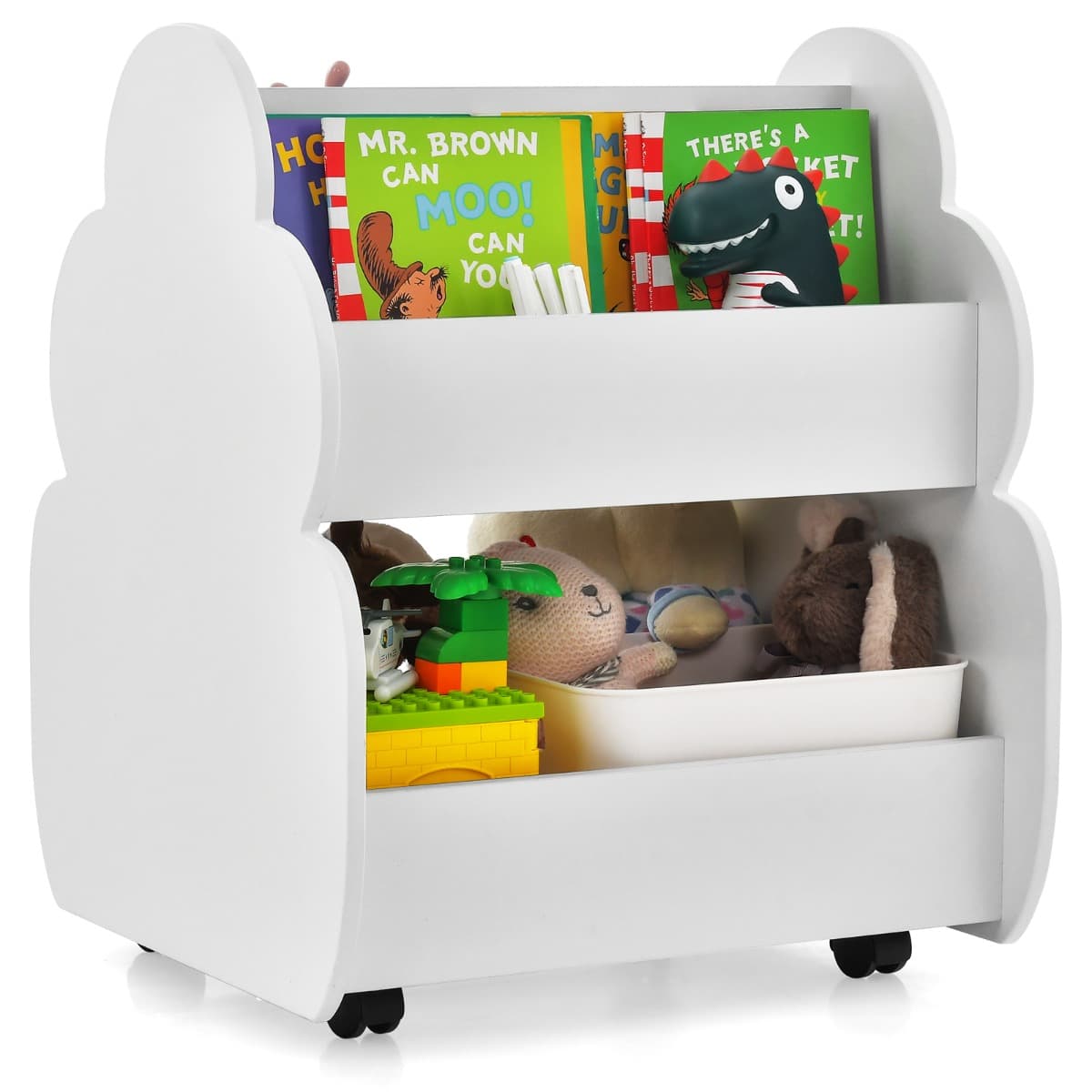 CostwayBibliothèque Enfants à Roulettes 2 Niveaux 62 x 47 x 63,5 CM Rangement Pour Jouets Blanc
