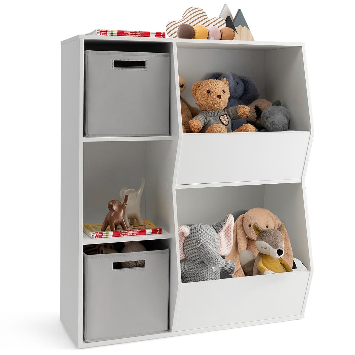 CostwayOrganisateur de Rangement Bibliothèque en Bois pour Enfants à 5 Compartiments 2 Bacs en Tissu Étagère de Rangement Ouvert pour Jouets Blanc