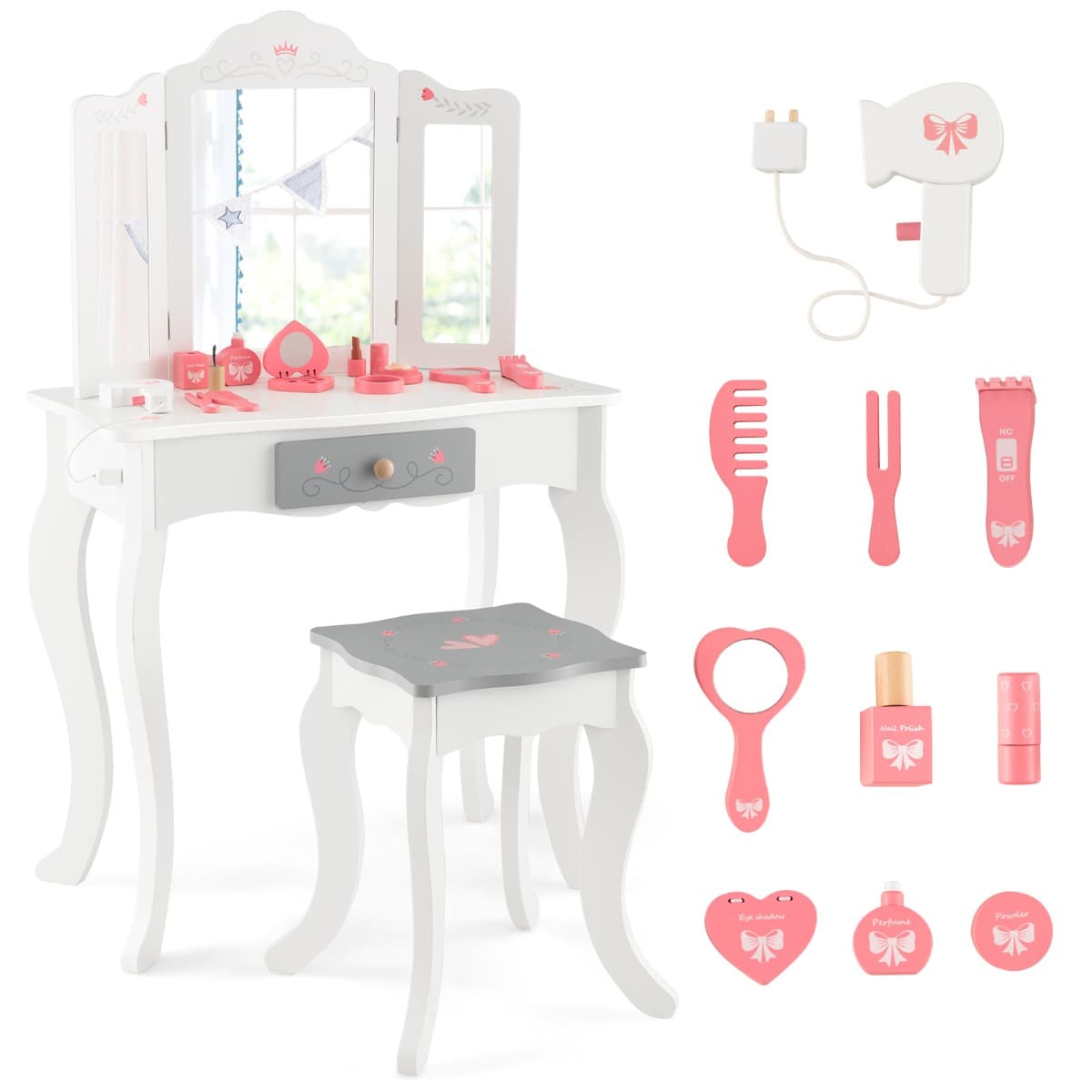 Costway2 en 1 Coiffeuse et Tabouret Enfants avec Miroir Détachable à 3 Volets 10 Jouets d'Habillage et Tiroir pour 3+ Ans Blanc