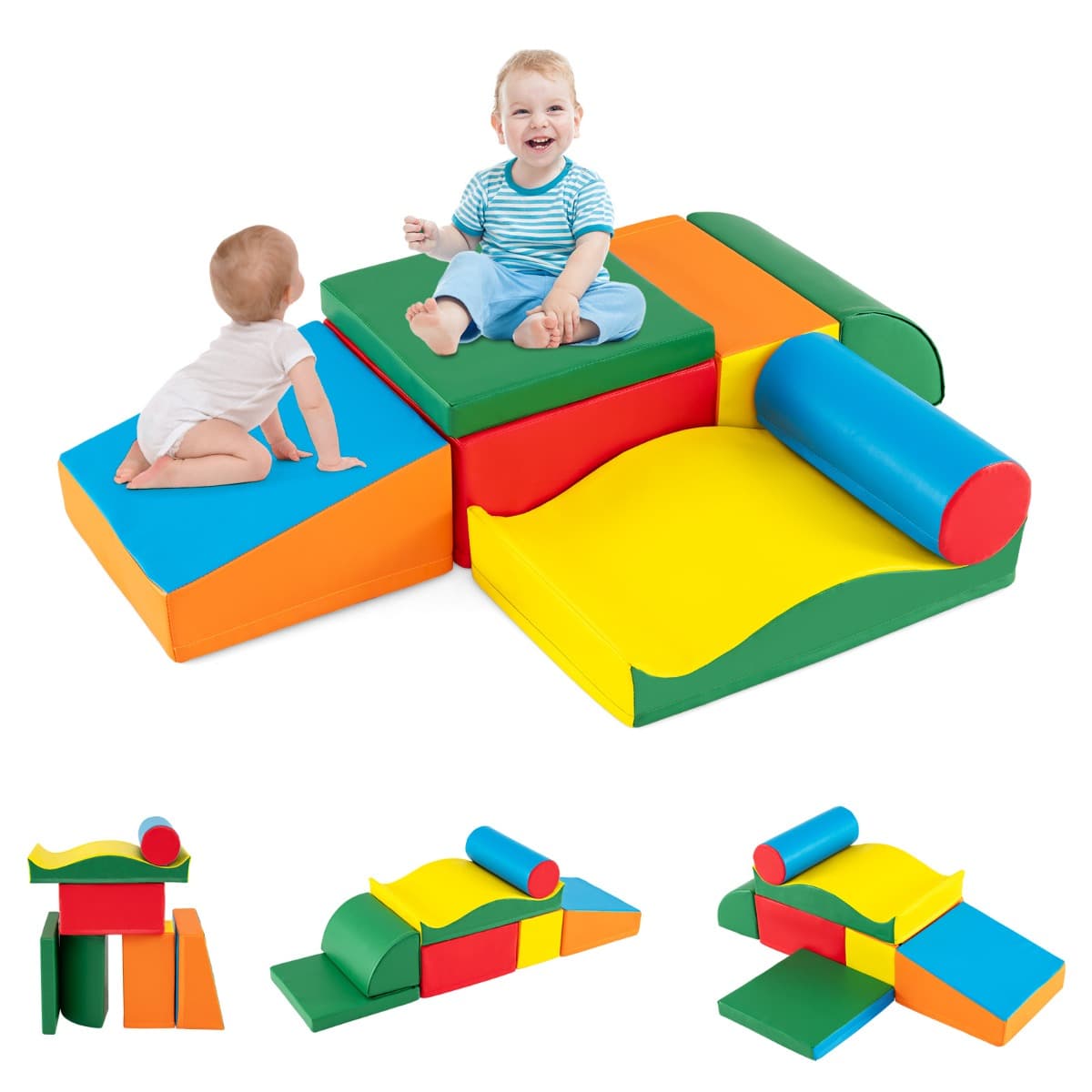 CostwayJouets de Grimper pour Tout-Petits Ensemble de 7 Blocs Légers en Mousse avec Mousse EPE et Cuir Faux Amovible Blocs de Jeu Multicolore
