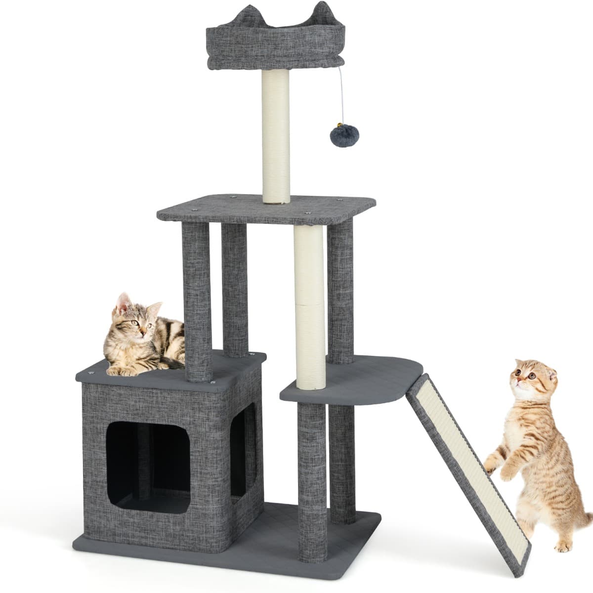 Costway117 CM Arbre à Chat avec Poteaux à Griffer et Rampe en Sisal Condo Perchoir Rembourré Jouets Suspendus Plateforme de Saut Gris