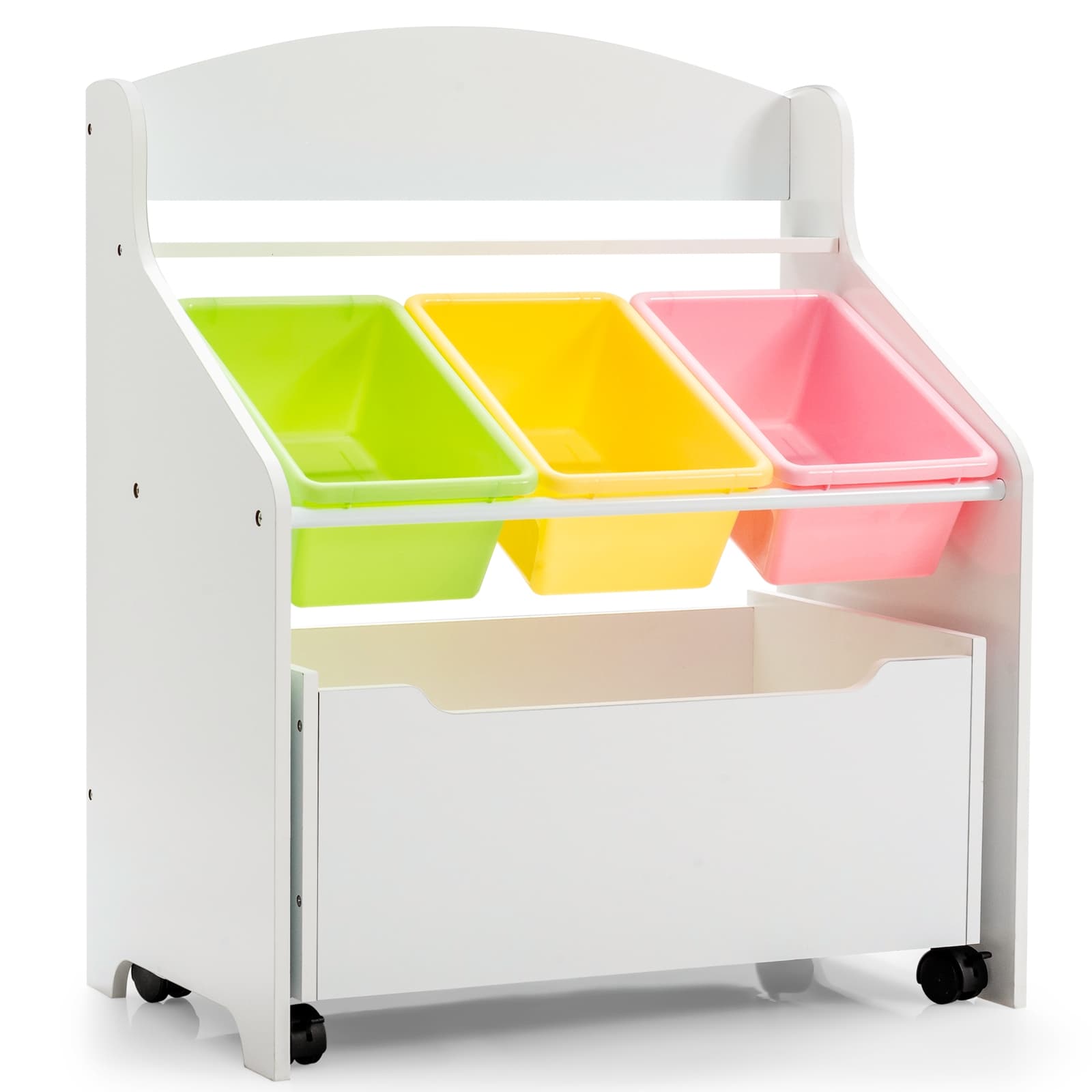 CostwayMeuble Rangement à Jouets avec Roulettes et 3 Bacs pour Ranger Livres/Jouets