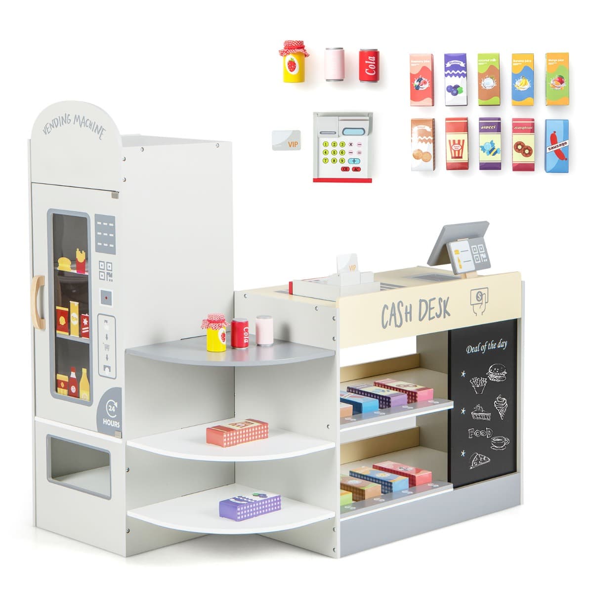CostwayJeu d'Épicerie pour Enfants de 3 à 8 Ans Ensemble de Jouets de Caisse Enregistreuse Machine de Point de Vente Distributeur Automatique Gris