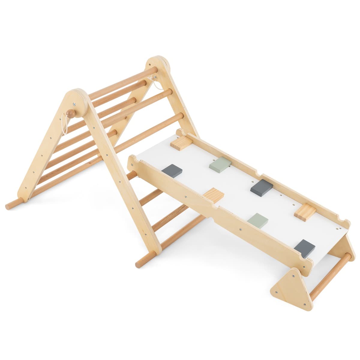 CostwayJeu d'Escalade en Triangle Pikler 3 en 1 Jouets Montessori avec Rampe à Double Face et Triangle d'Escalade Ajustable pour 3+ Ans Naturel