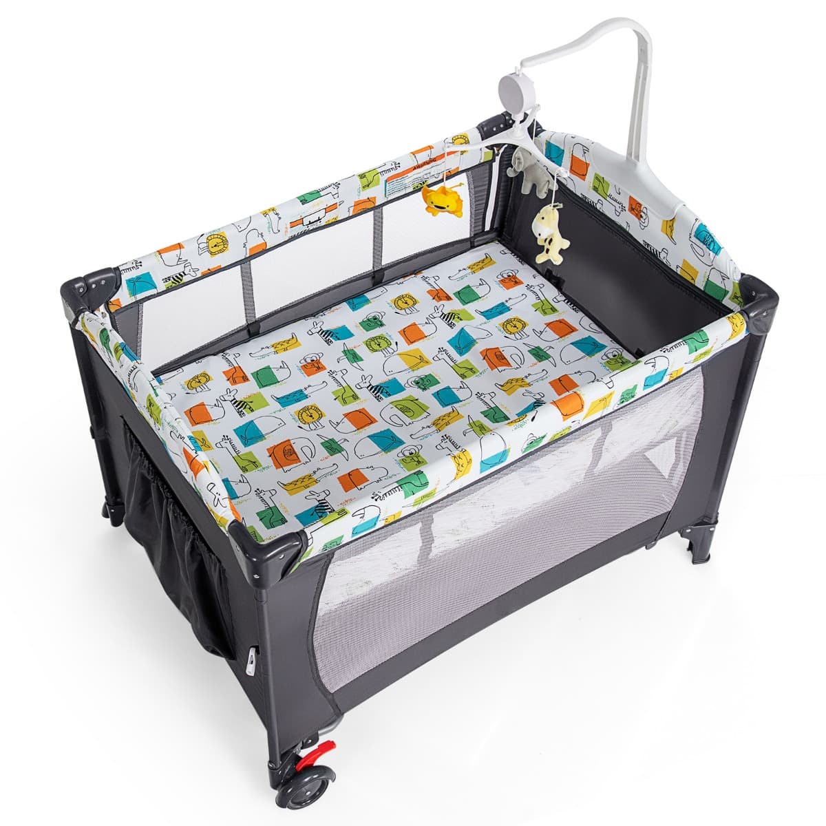 CostwayLit Parapluie Bébé Pliant 5 en 1 avec Matelas Table à Langer Boîte à Musique 3 Jouets 4 Hauteurs d'Accoudoir Réglables Gris