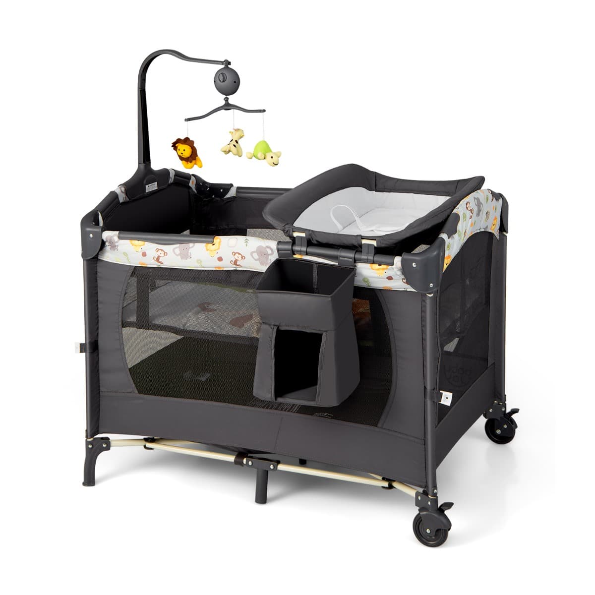 CostwayLit Parapluie Bébé 4 en 1 Berceau Détaché Table à Langer avec Matelas, Boîte à Musique et 2 Jouets Suspendu 0-36 Mois Noir