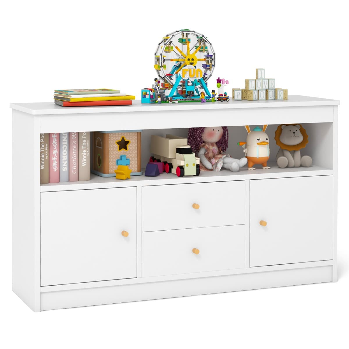 CostwayMeuble de Rangement pour Jouets d’Enfants Bibliothèque en Bois pour Enfants Etagère Ouverte 2 Tiroirs 2 Portes Blanc