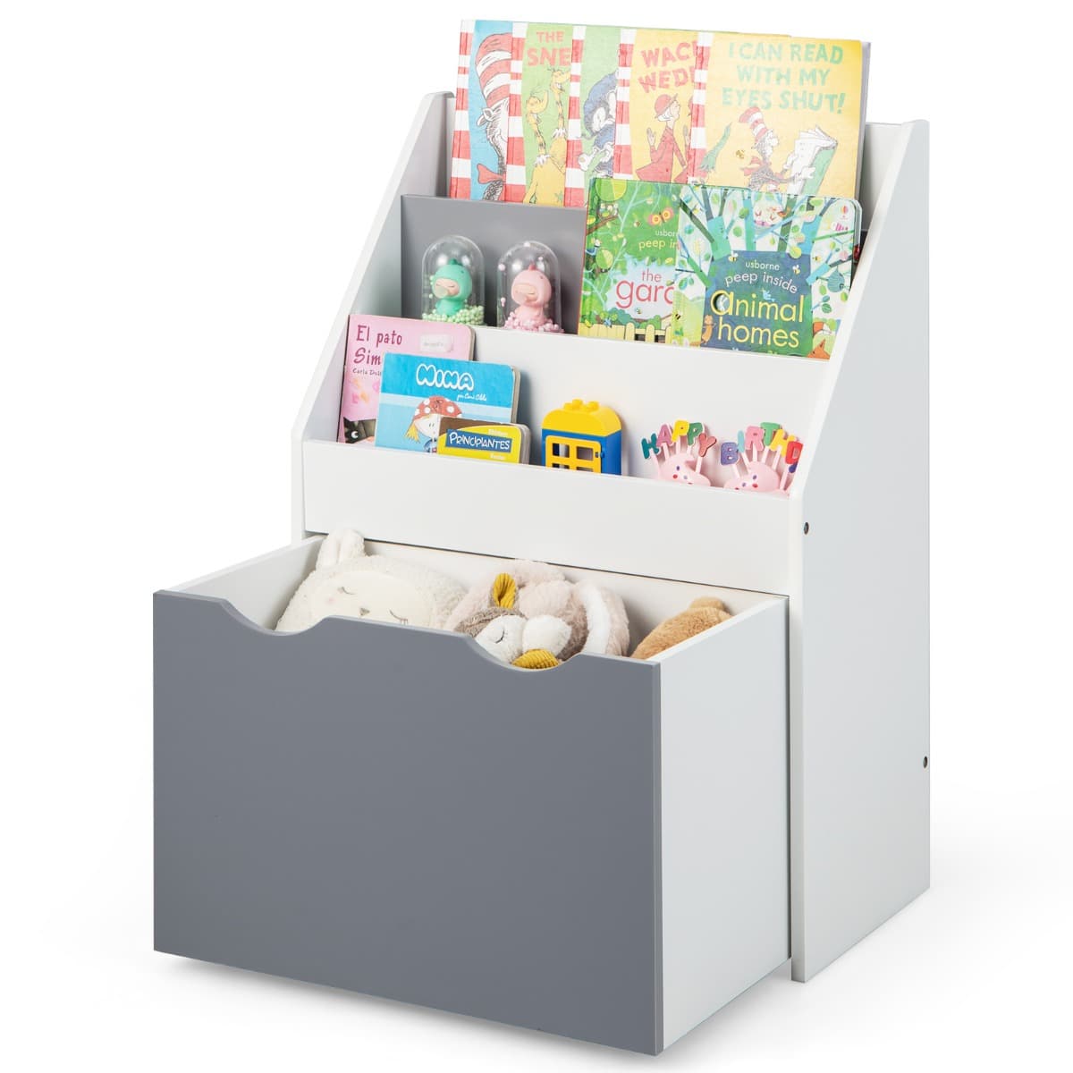 CostwayBibliothèque Enfant avec Boîte à Jouets Roulant et Dispositif Anti-Renversement Étagère de Rangement pour Jouets et Livres Gris