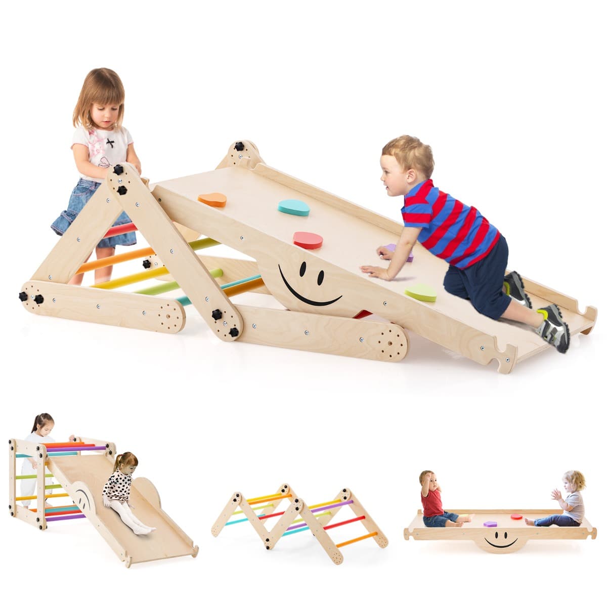 CostwayEnsemble d'Escalade Montessori pour Tout-petits Jouets d'Escalade Pliables en Bois Rampe Bascule Réglable et Réversible Rochers Colorés