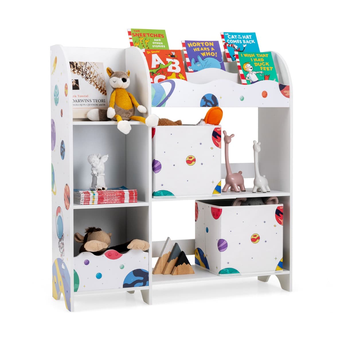 CostwayMeuble de Rangement Jouet Enfants avec Motif Astronaute & 5 Compartiments Étagère de Jouets avec 2 Tiroirs Amovibles 93x30x102cm