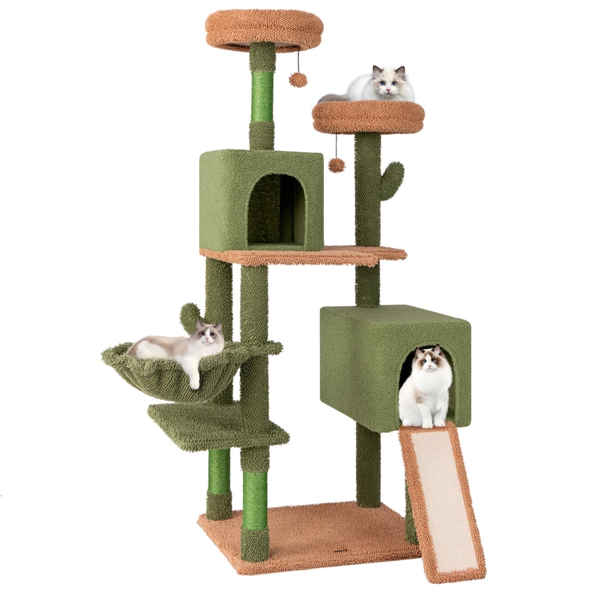 CostwayArbre à Chat 160cm à Plusieurs Niveaux Poteaux à Gratter et Echelle en Sisal 2 Condos Perchoirs Rembourrés Jouets Suspendus Panier Vert
