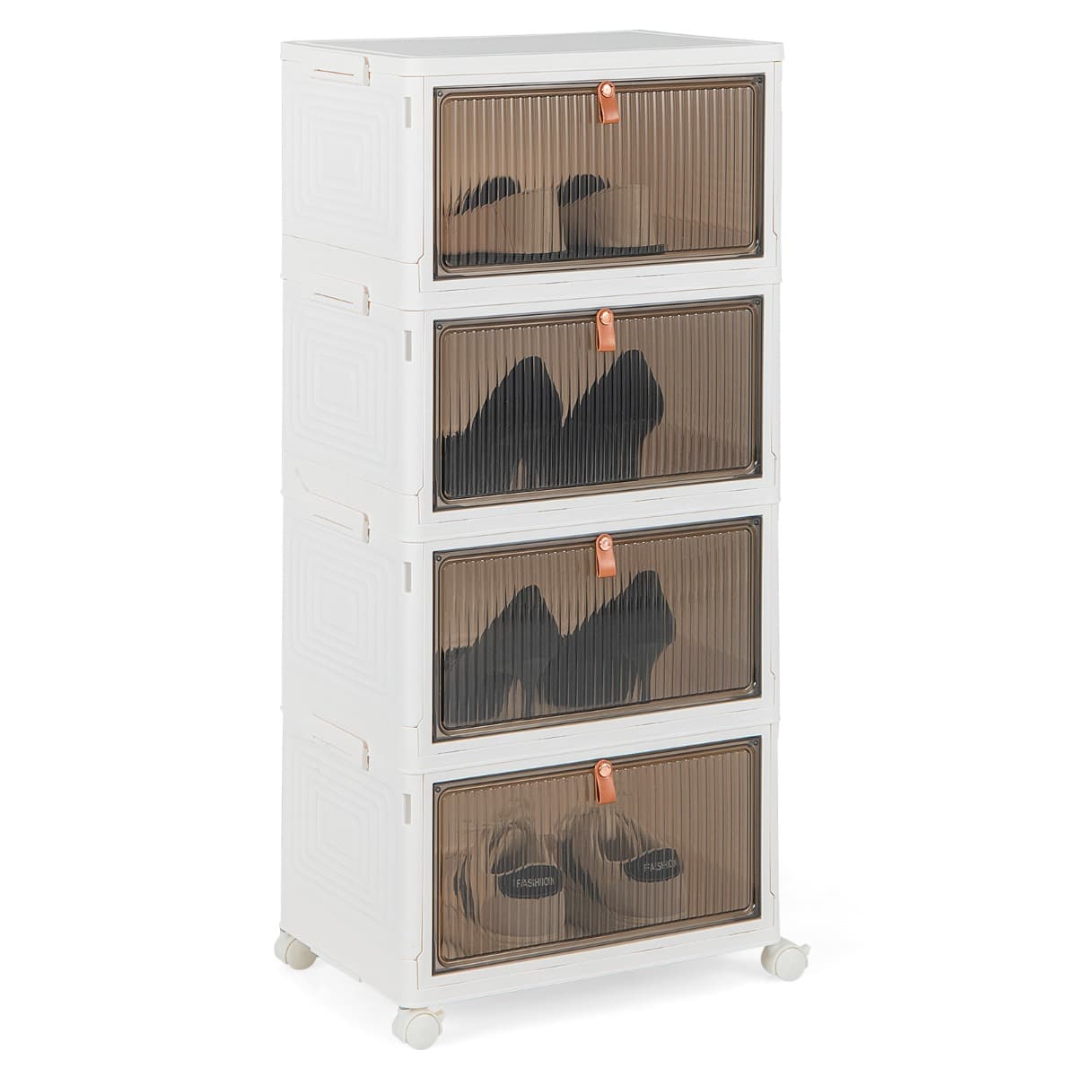 CostwayBoîte de Rangement de Chaussures Pliable 4 Niveaux Portes Transparentes Magnétiques Roues Universelles Verrouillables pour Baskets Jouets Blanc