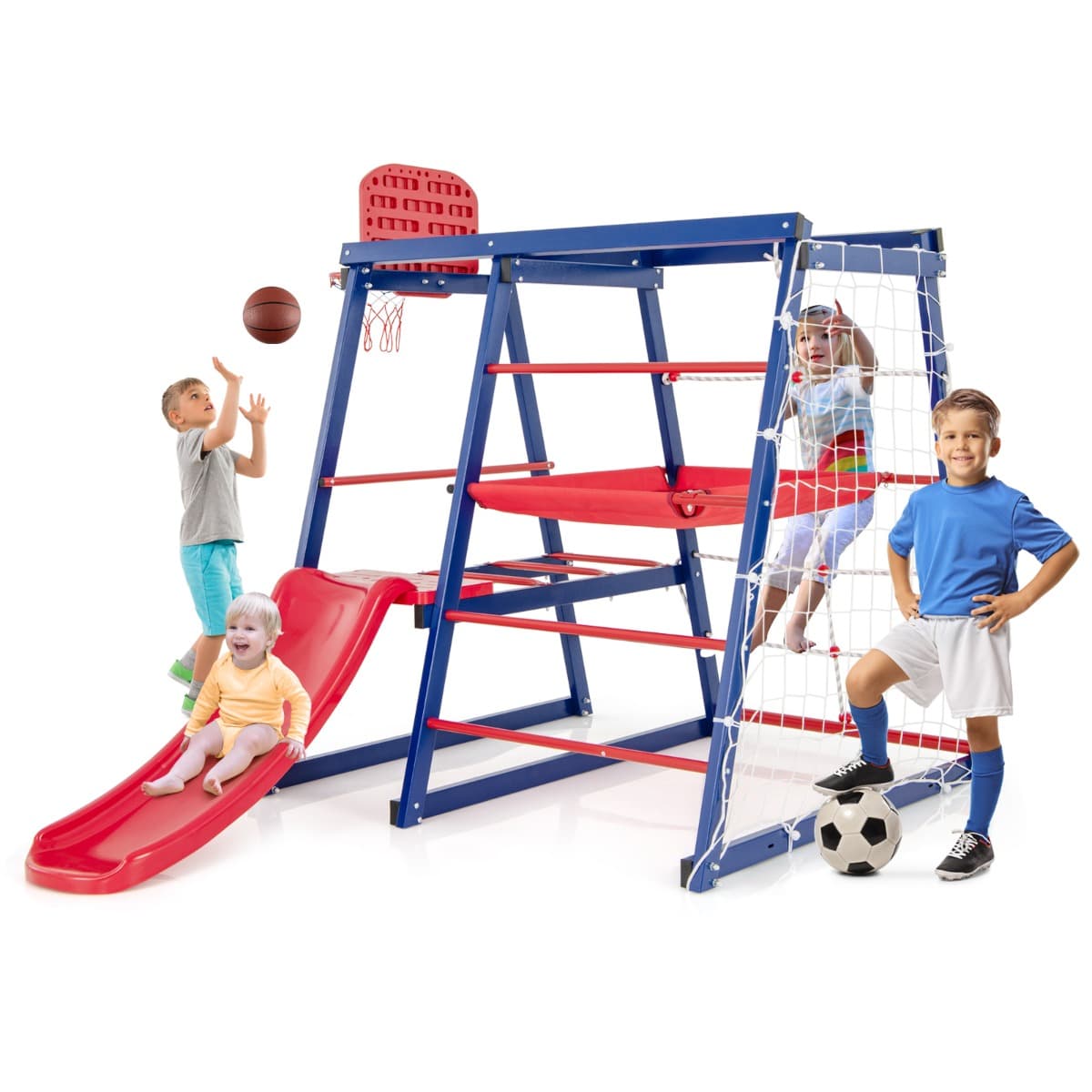CostwayAire de Jeux Intérieure 7 en 1 pour Enfants de 3 à 7 Ans Jouets d'Escalade pour Tout-petits avec Toboggan Filet d'Escalade Echelle